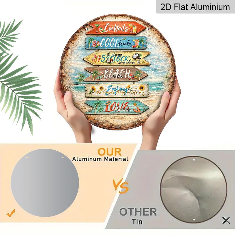 2D Flat, 1pc Round Aluminum Hanging Sign, "Cocktails Cool Drinks 5 O'Clock Somewhere" Tropical Beach Directional Wall Art, Vintage Summer Beach Bar
