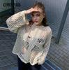 Summer Women's Round Neck Hollow Long Sleeve Top Loose See Through Retro Sexy Tops Beach Knitwear
