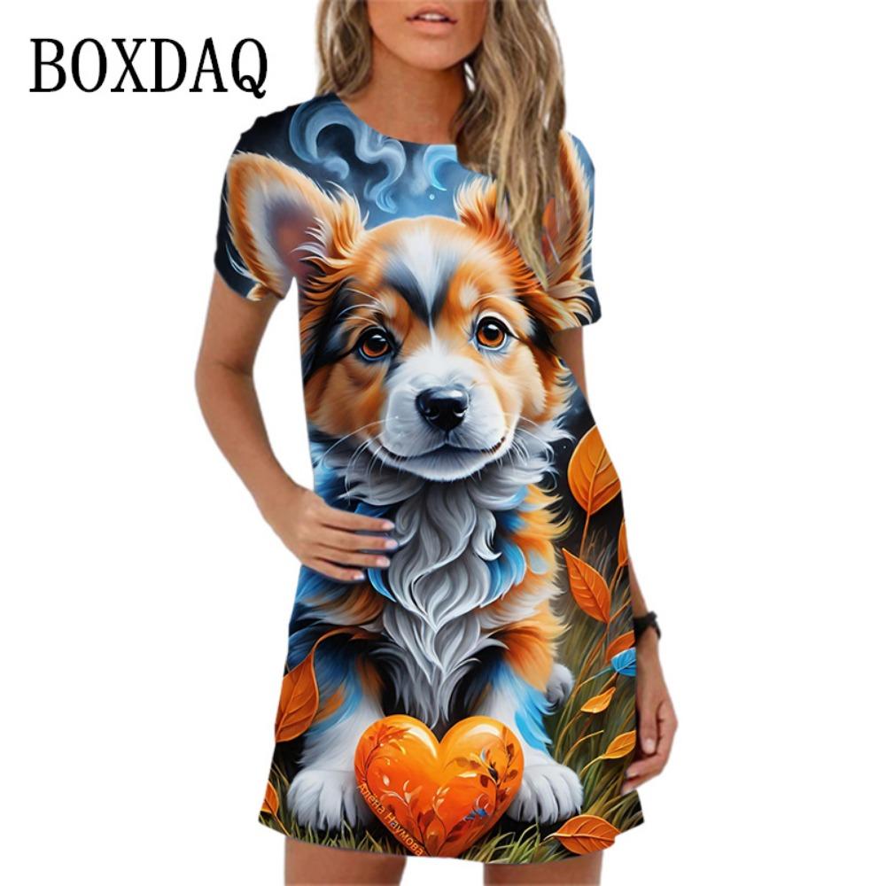 Милое женское повседневное мини-платье с рисунком животных из мультфильмов, с короткими рукавами, с собакой и кошкой, летнее новое женское платье-жилет