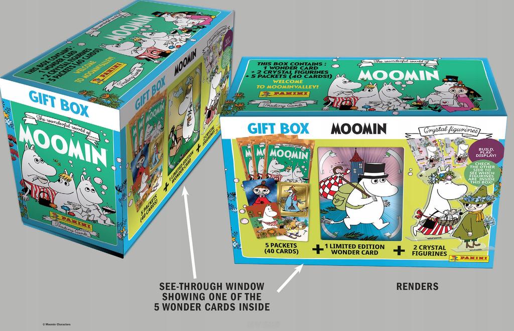 Panini muminki gift box pudełko 5 saszetek = 40 kart +2 kryształowe figurki