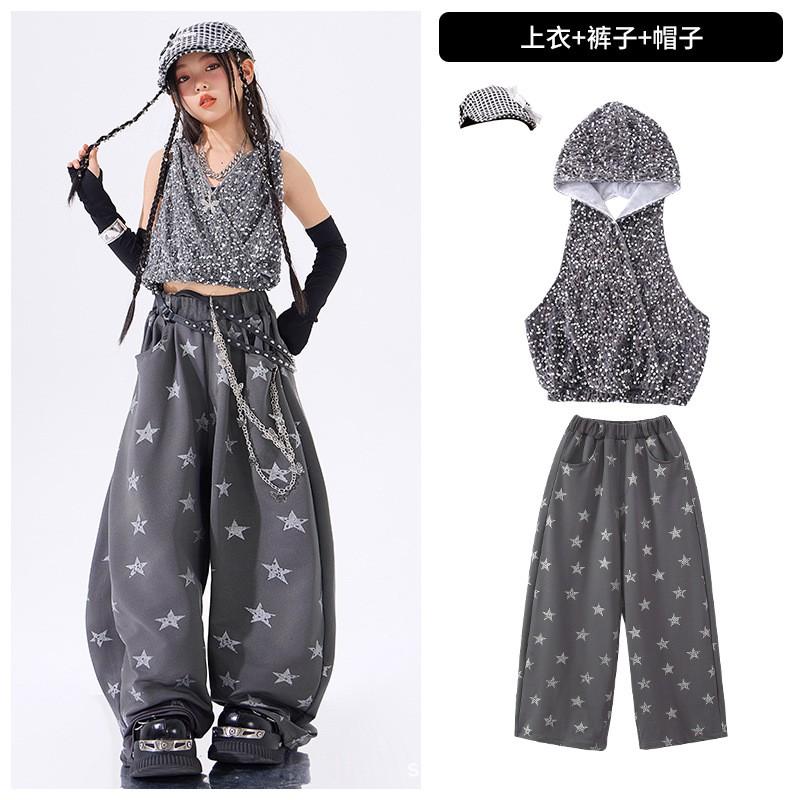 Girls Jazz Dance Performance Outfit Set Kids Street Costume Sleeveless Top Pants With Accessories