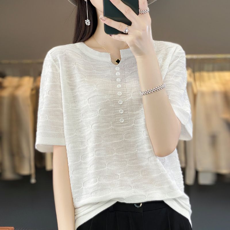 Повседневная свободная женская футболка Ice Silk с короткими рукавами, летняя рубашка из тонкого трикотажного льна с пуговицами