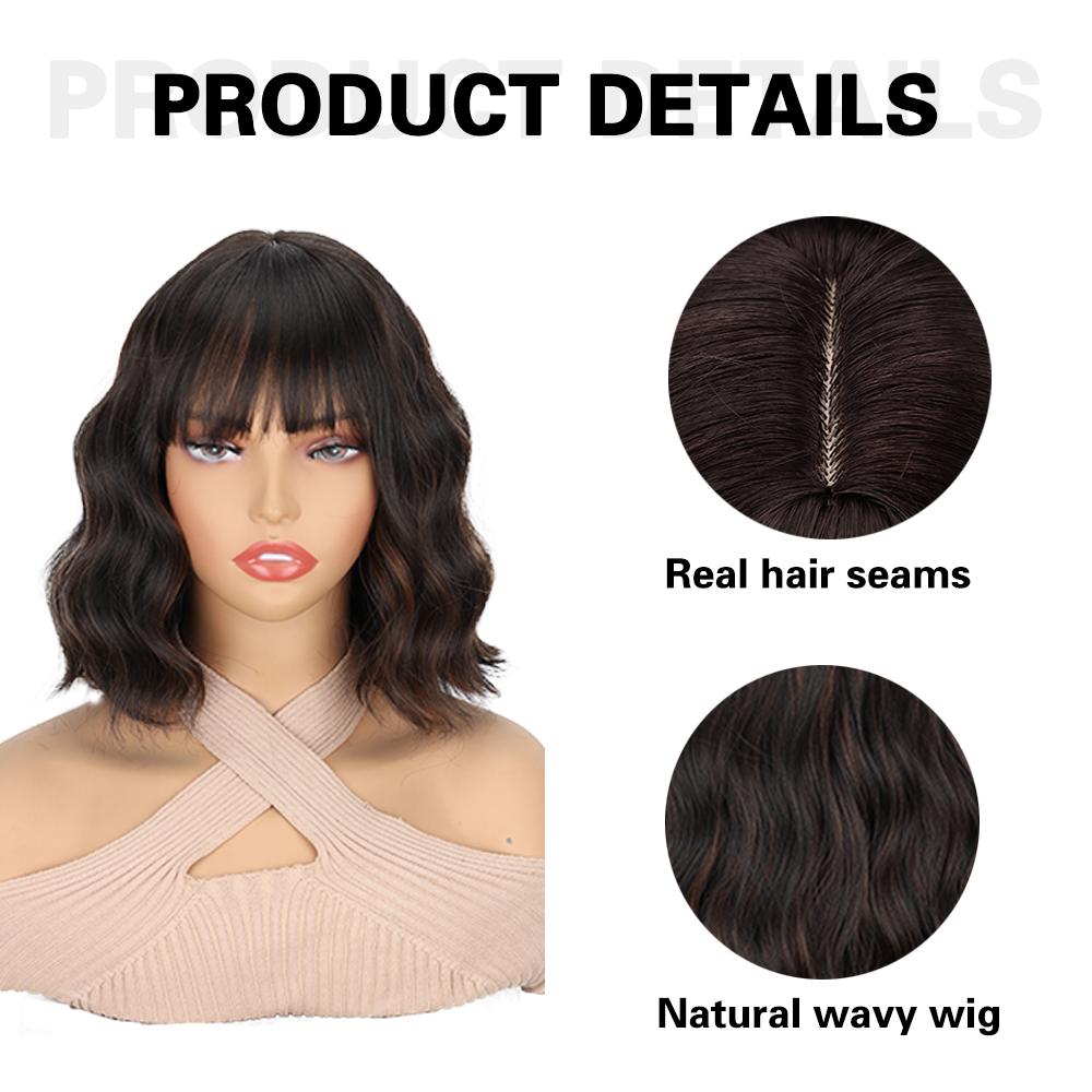 Synthetic Wavy Wig With Bangs Shoulder Length Wigs With Natural Wavy Heat Resistant Fiber Wig For Women Daily Use