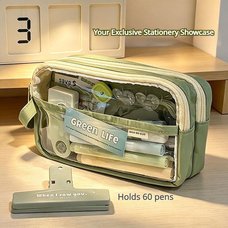 Clear Pencil Bag Portable Color Block Stationery Organizer Large Capacity Student Pencil Case School Supplies Storage Pouch