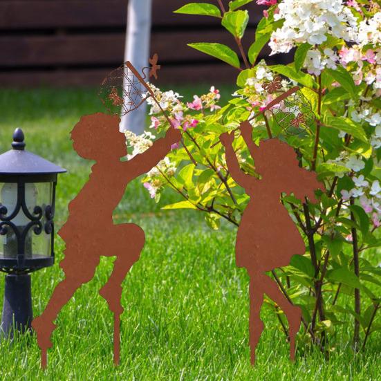 1 Pair Silhouette Art Model Little Boy Girl Shape Character Silhouette Art Ornament Garden Decor Stakes Sculpture Lawn Yard Decoration