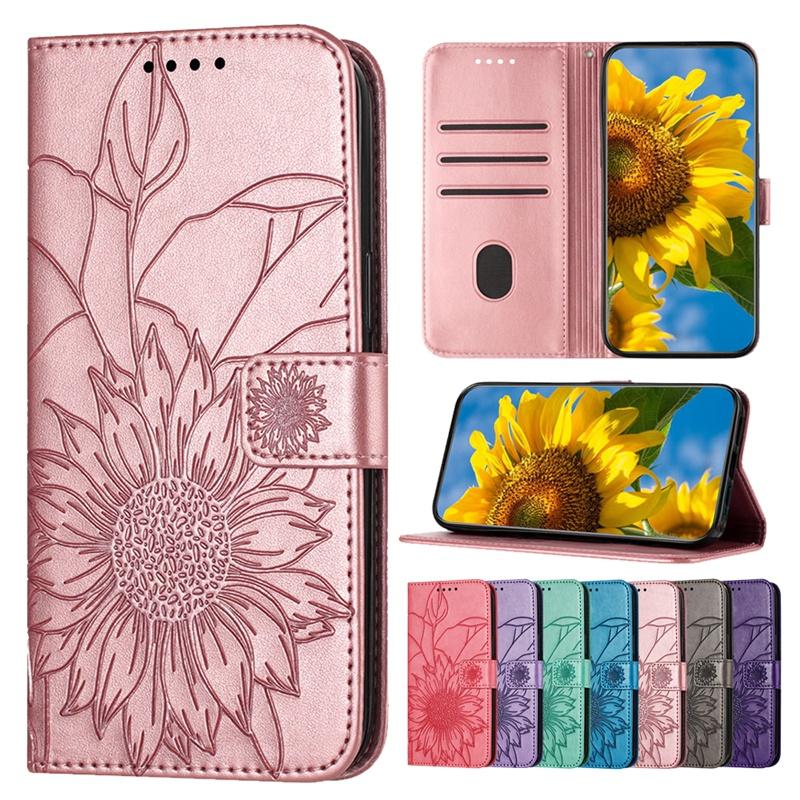 Embossed Sunflower PU Leather Card Holder Flip Cover for Samsung Xiaomi Redmi Huawei Honor Magnetic Hand-strap Wallet Case with Kickstand