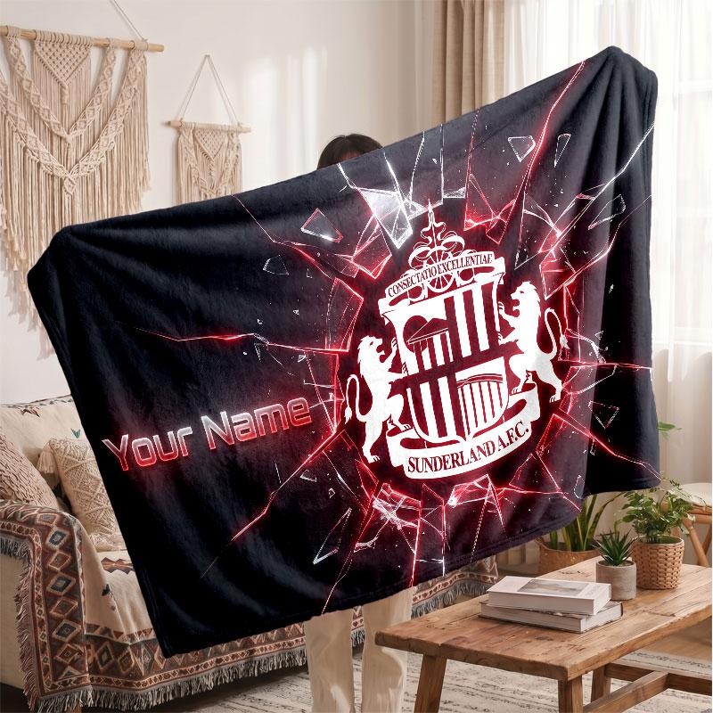 Sunderland FC Personalized Fleece Blanket With Football Logo, Custom Name Text Soft Warm Home Throw Blanket