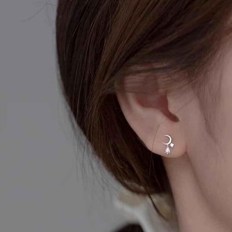 Earrings Silver925 Silver Gold 18K Coating Month Drop Drop CZ Diamond Compatible with Metal Allergies (Silver)