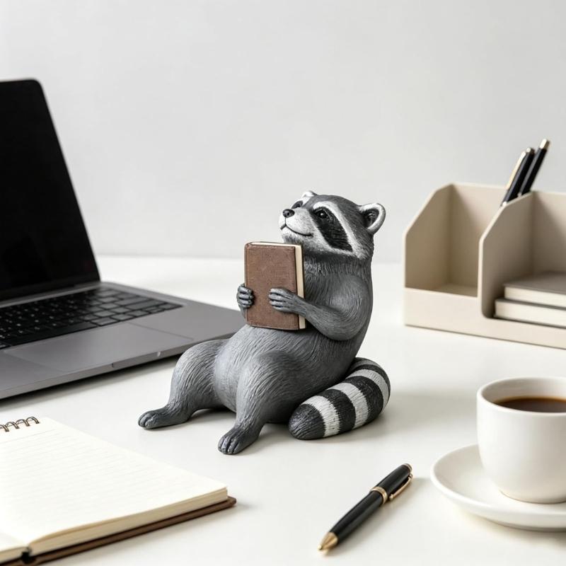 Book-Holding Plastic Raccoons Figurine Shelf Sitter with Sitting Form and Gray-and-Black Detail, a Reading-Themed Accent for Desks, Bookshelves