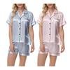 2 шт./комплект женский рубашка шорты костюм плюс размер лацкан короткий рукав атласный полосатый контрастный цвет топ эластичный пояс короткие брюки одежда для отдыха наряд