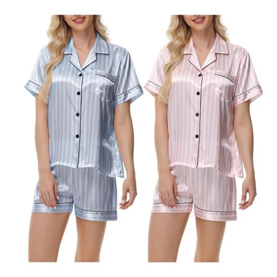 2 шт./комплект женский рубашка шорты костюм плюс размер лацкан короткий рукав атласный полосатый контрастный цвет топ эластичный пояс короткие брюки одежда для отдыха наряд