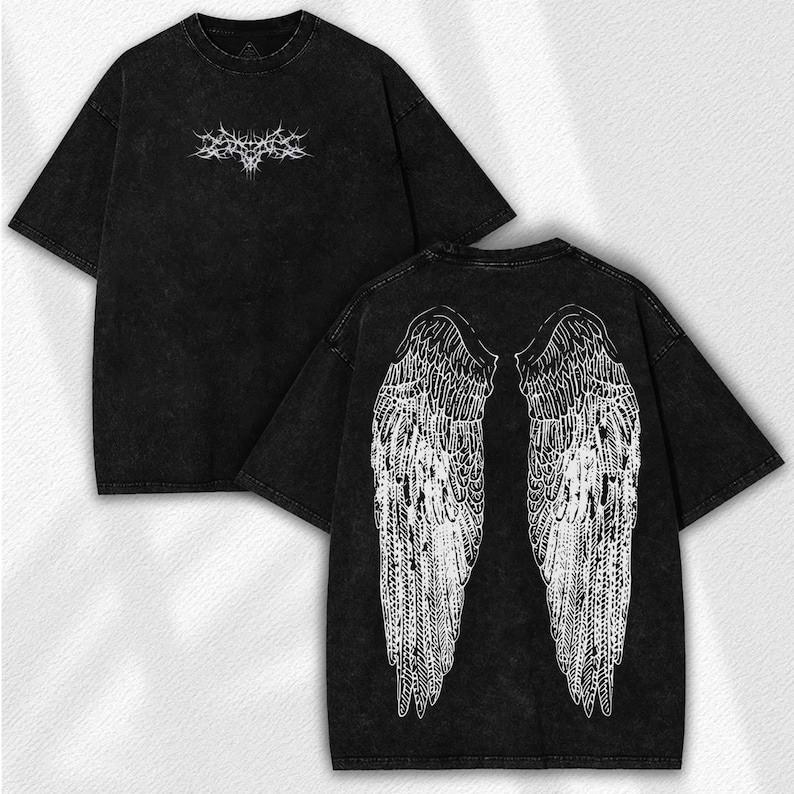 Angel Wings Washed Shirt: Gothic Vintage Streetwear - Dark Cyber Sigilism Grunge