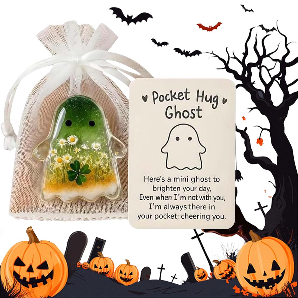 Cute Pocket Comfort Ghost Keepsake with Motivational Card Halloween Decorations Acrylic Ghost Miniature Figurine Birthday Gifts