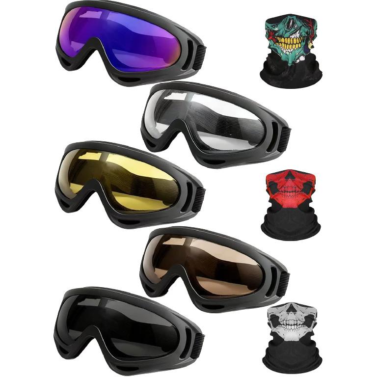Motorcycle Goggles 5 Pairs Dirt Bike Goggles UV Protection Ski Glasses Riding Dust And Windproof ATV Glasses With 3 Skull Face Mask For Men Women