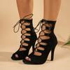Fashion Sexy Black Peep Toe Front Hollow Cross Tie Womens Sandals Back Zipper Thin High Heel Party Wedding Shoe Modern Cool Boots