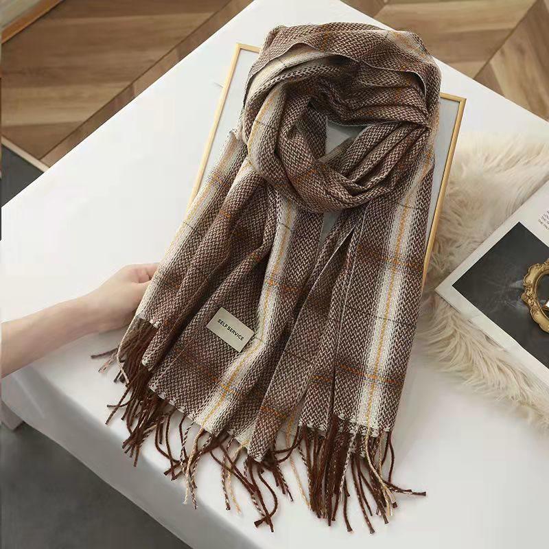 Korean Style Plaid Double-Sided Warm Thick Scarf for Couples and Students, Versatile Autumn/Winter Neck Warmer Shawl
