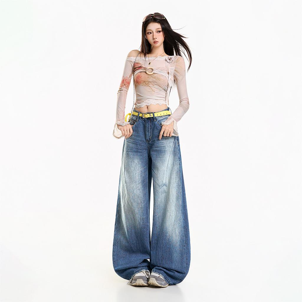 Washed blue high street loose wide-leg jeans women's autumn drop-down high-waisted American design drape trousers