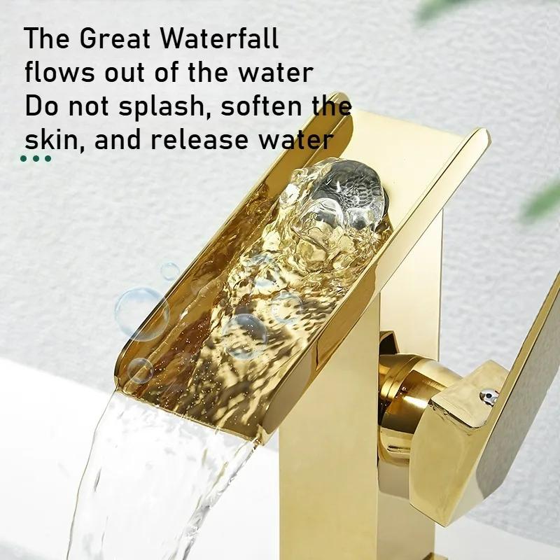 Gold Copper Bathroom Sink Faucets Waterfall Deck Mounted Crane Hot Cold Water Mixer Tap for Hotel Toilet Home Decor