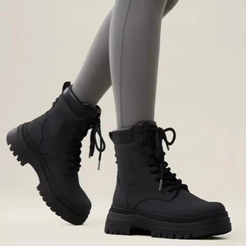 Высококачественные женские зимние ботинки средней высоты на толстой подошве 2024 года, повседневные модные современные ботинки со шнуровкой и круглым носком для женщин