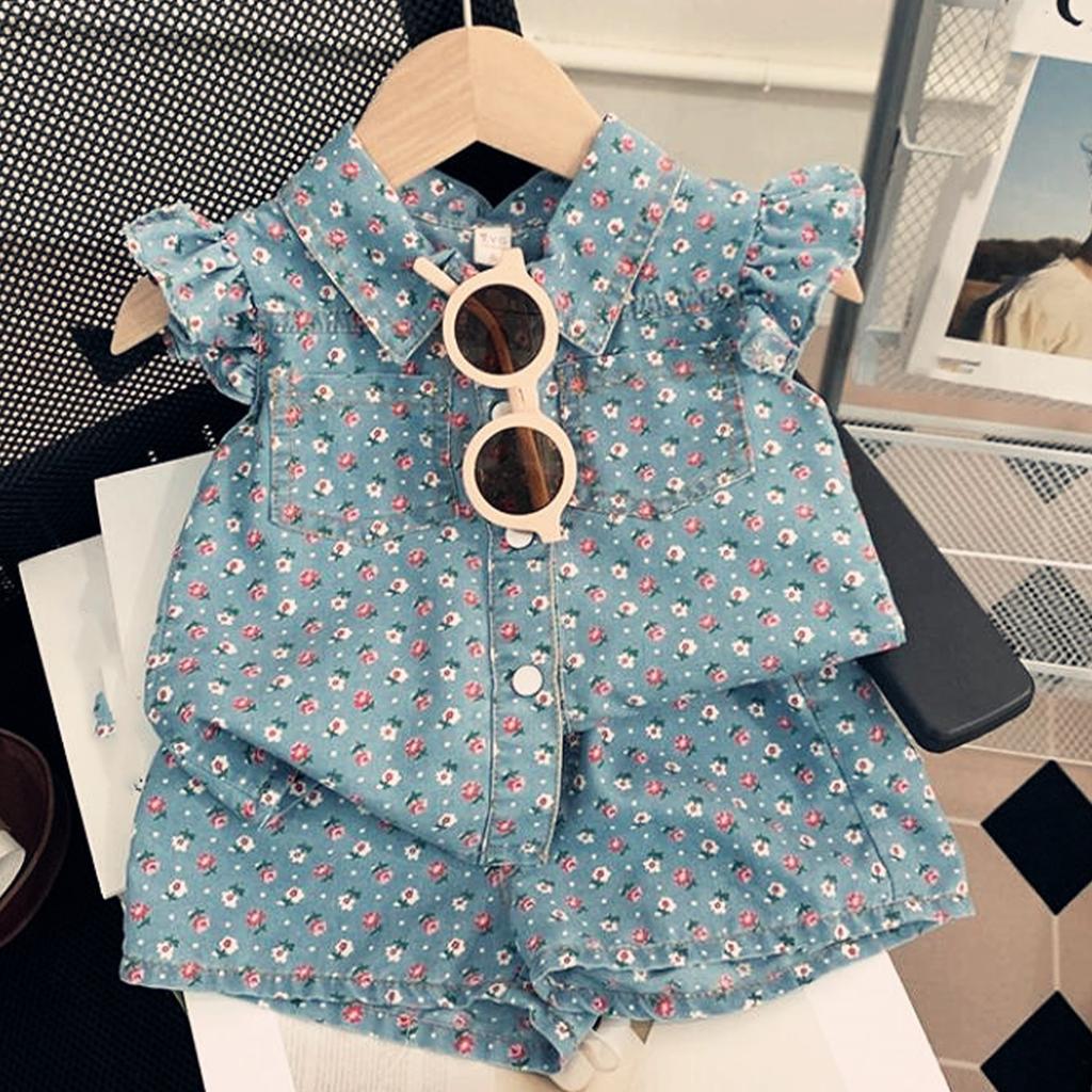 Girls' Flared Sleeve Denim Print Set Fashion Top And Shorts Two-Piece Set