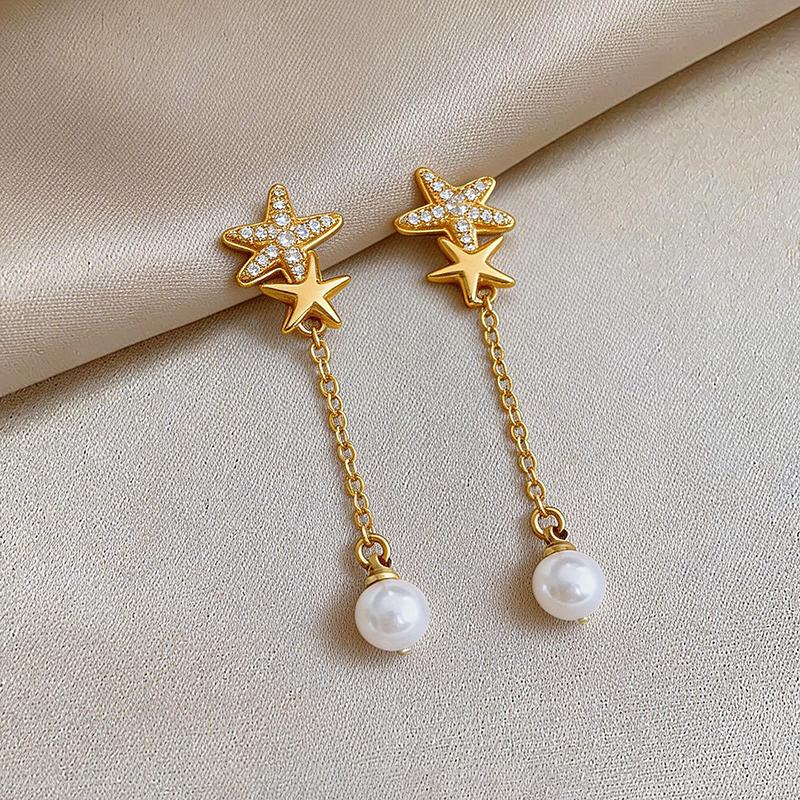 New Elegent Rhinestone Star Zircon Earrings for Women Long Tassel Chain Round Pearl Drop Earrings Luxury Shiny Y2K Jewelry Gifts