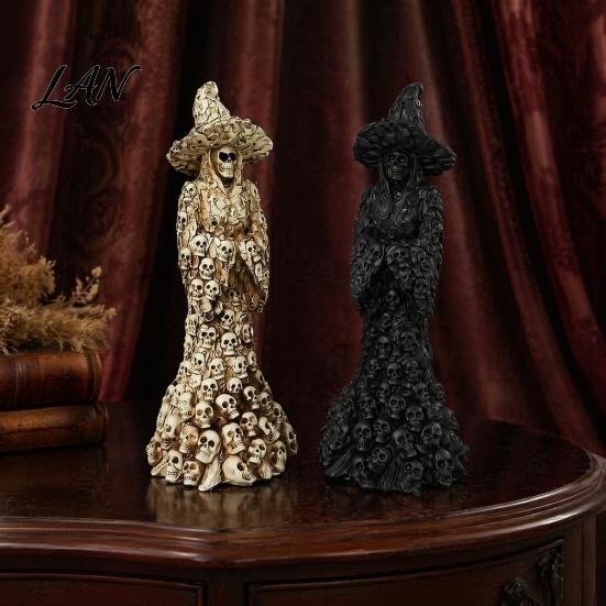 Realistic Bone Texture Sculpture Skeleton Witch Resin Figurine, Halloween Gothic Skull Statue, Spooky Illuminated Statue Fantasy Ornament for