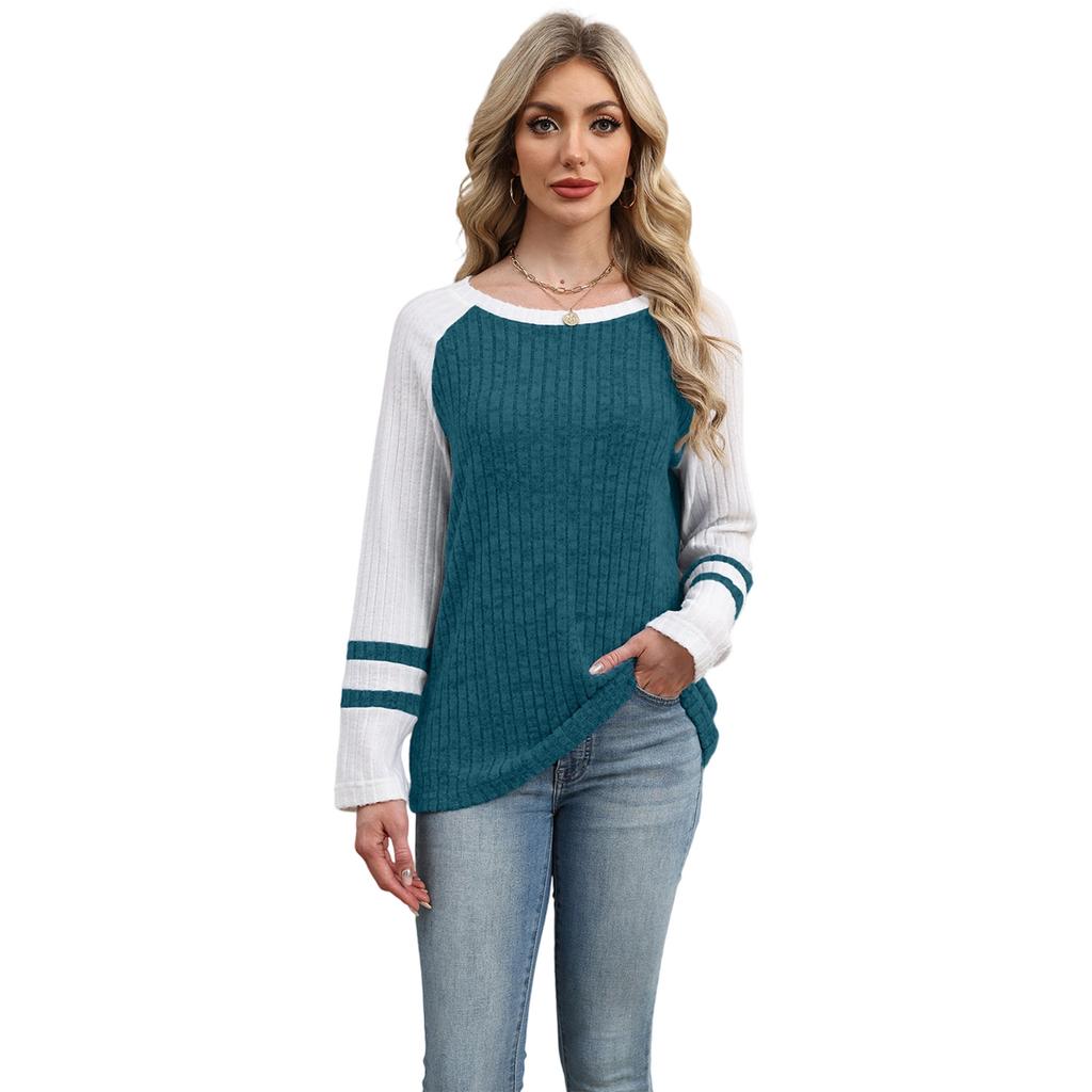 Новый осенне-зимний трикотажный топ с круглым вырезом и рукавами с открытыми плечами, с цветовыми блоками и пэчворком