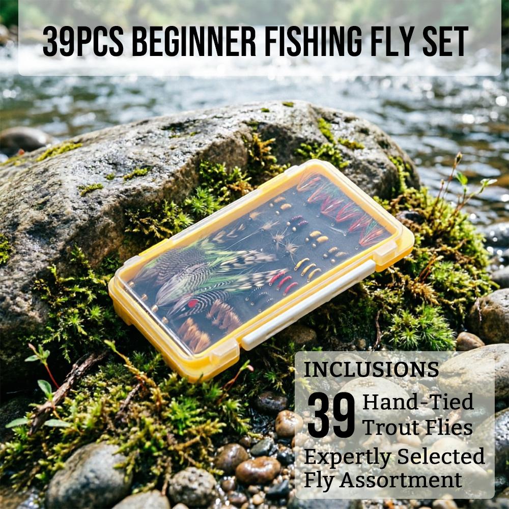 39PCS Assorted Fly Fishing Flies Set with Fly Box Dry Wet Nymph Streamer Trout Bass Lure Bait Kit Fly Fishing Tackle