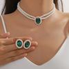 Vintage Imitation Pearl Necklace Earrings Jewelry Set for Women Emerald Crystal Choker Banquet Bridal Wedding Accessories