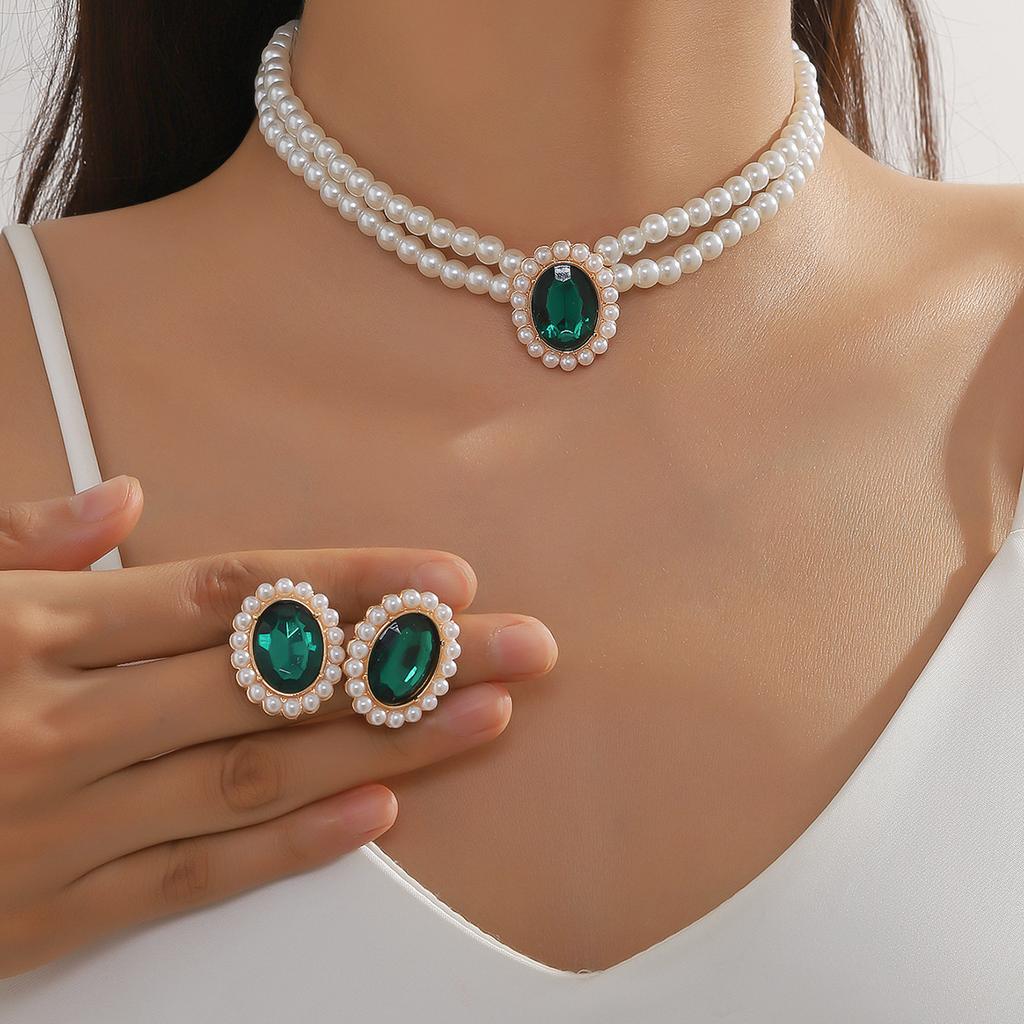 Vintage Imitation Pearl Necklace Earrings Jewelry Set for Women Emerald Crystal Choker Banquet Bridal Wedding Accessories
