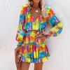 Women's Spring and Summer Long-sleeved V-neck Fashion Printing Waist Dresses