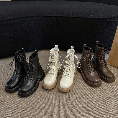 Женские ботинки мартин на толстой подошве 2025 новые на высоком каблуке из мягкой кожи 2025 весна и осень одинарные ботинки средней высоты с толстым каблуком на боковой молнии короткие ботинки