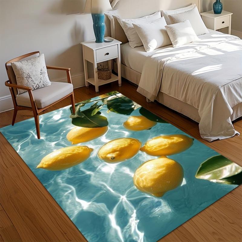 Mediterranean Tile Fresh Lemon Area Rug Retro Azulejo Floral Pattern Fruit Leaf Print Non Slip Carpet for Kitchen Entryway