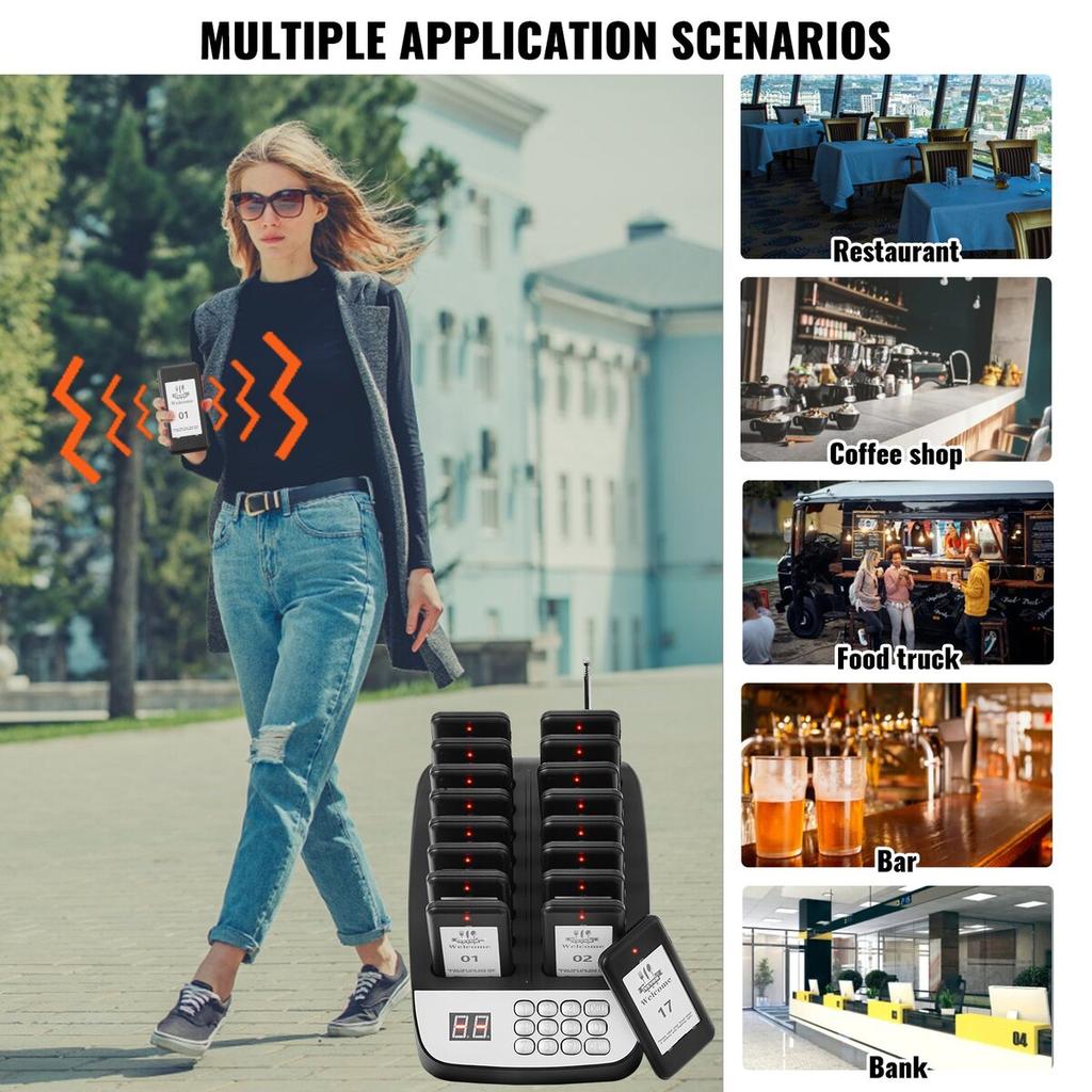 Restaurant Pager System, Wireless 500m Long Range Lineup Waiting Queue Signal, Guest Customer Calling Beepers with Vibration & Flashing, 16 Buzzers