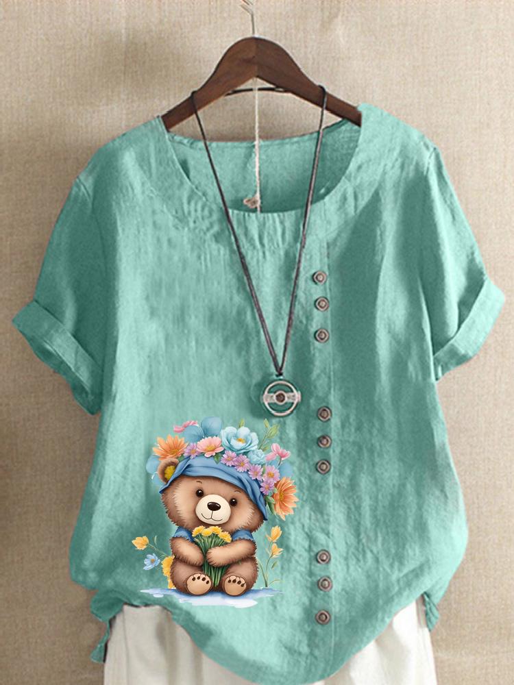 Women's Fashion Cute Floral Bear Print Printing Shot Sleeve T-shirt Loose Cotton Shirt Casual Loose Summer Plus Size Blouse Tops