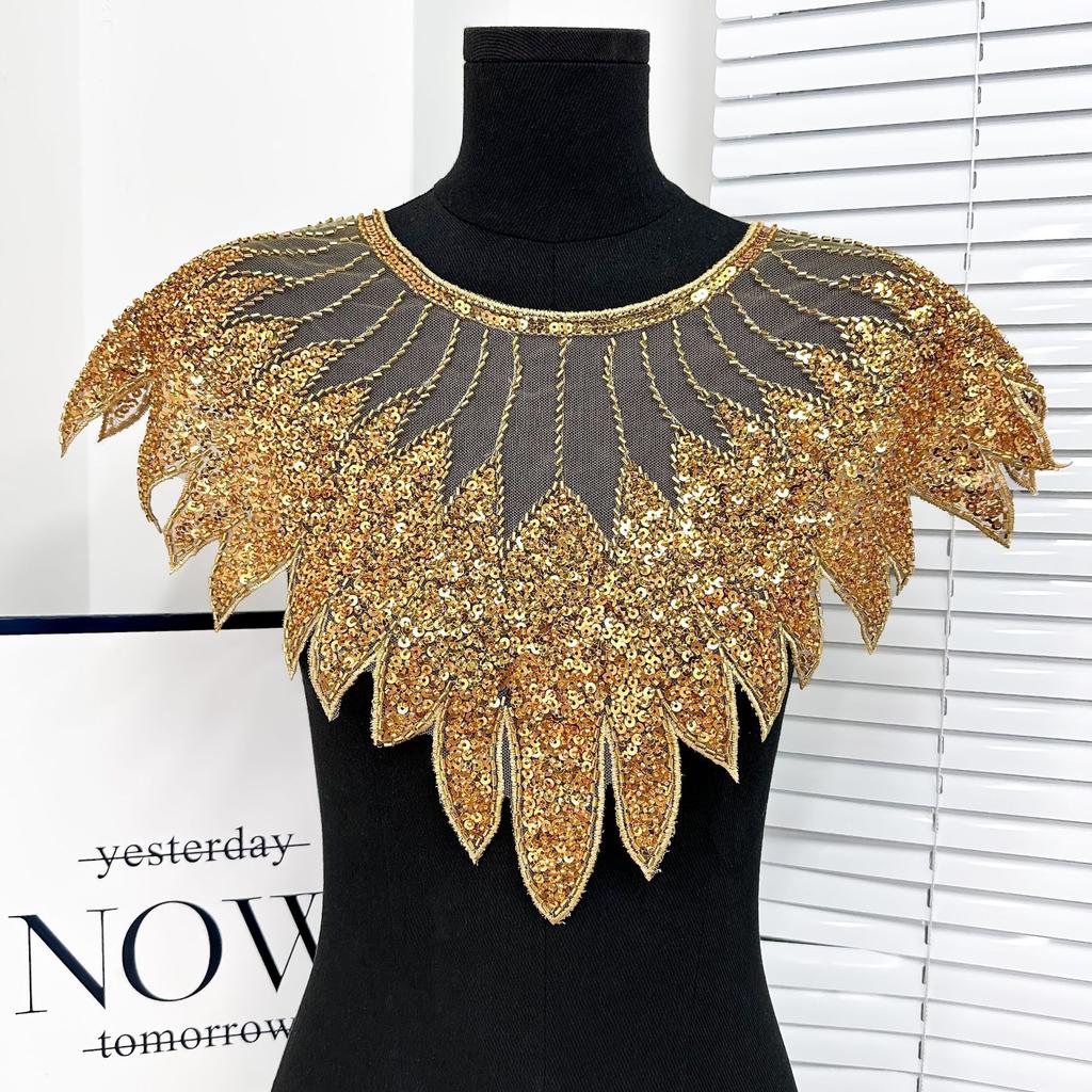 Блестящий кружевной вырез с аппликацией из бисера, нашивка на вырезе, имитация воротника, блестки, кружевной воротник, шитье