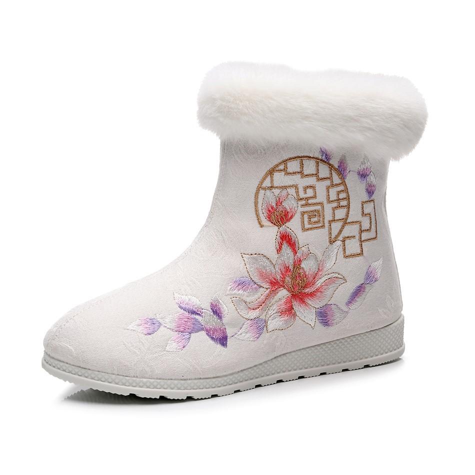 Women's Winter Warm Ankle Boots Anti Slip Fleece Lined Snow Boots With Side Zipper Comfortable Embroidered Faux Fur Lining Short Booties for Women