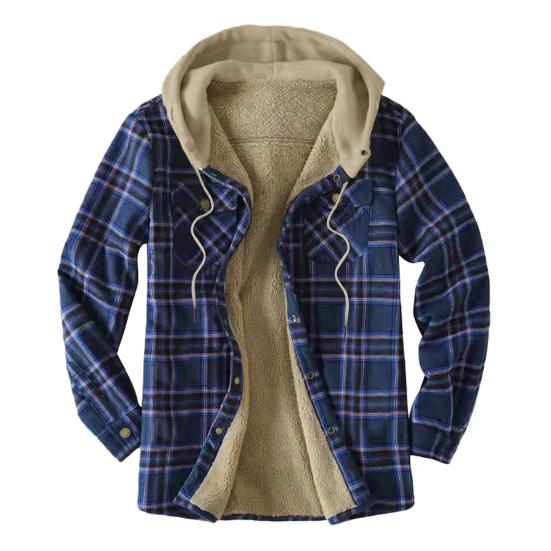Men Coat Hooded Drawstring Long Sleeve Plaid Print Jacket with Pockets Buttons