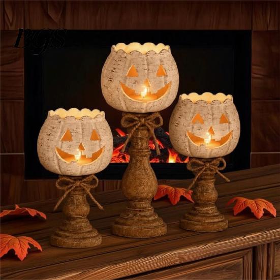 Small Pumpkin Candle Holders Rustic White Tealight Holder Set, Farmhouse Halloween Tea Light Decorative Fall Accents for Coffee Bar Decor, Tables