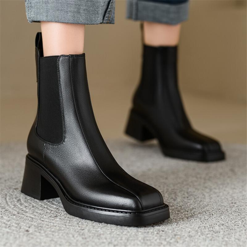 Мода Новые Осенне-зимние Женские Ботинки из Натуральной Кожи Модные Ботинки Квадратный Носок Массивный Каблук Ботинки для Женщин Высокий Каблук Zapatos Mujer