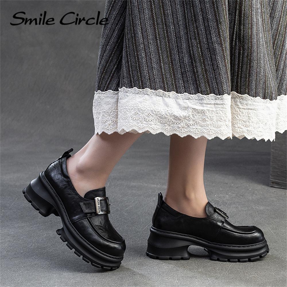 Женские мокасины из натуральной кожи с круглым носком и толстой подошвой, модные повседневные туфли на плоской подошве