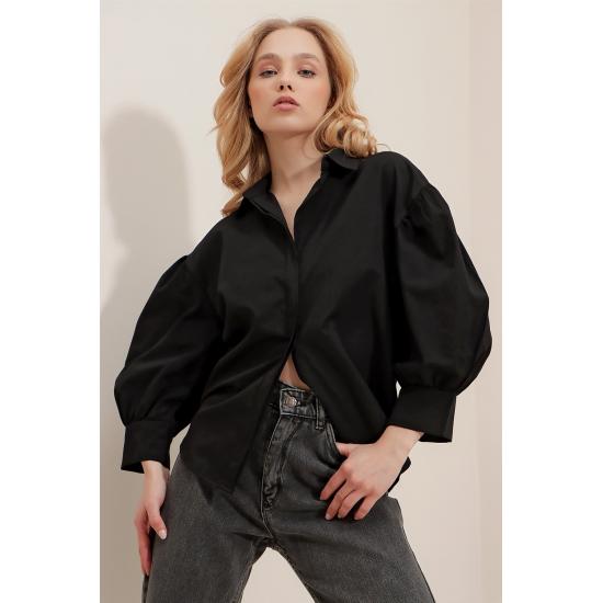 Women's Brown Concealed Pleat Balloon Sleeve Basic Poplin Shirt