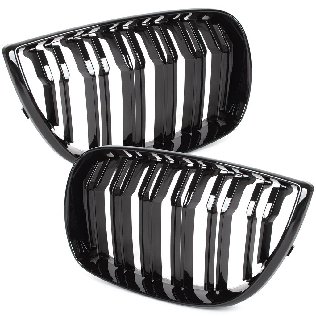 BMW 1 E81 E82 E87 E88 04-07 Grille Between Headlights (Kidneys), Left & Right Set, Black Glossy Double Bar