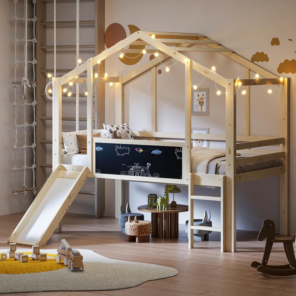 Children's Bed 90 x 200 cm Loft Design with Safety Ladder and Safety Slide, with Graffiti Board, Multifunctional, Solid Wood, Single, Wood Color