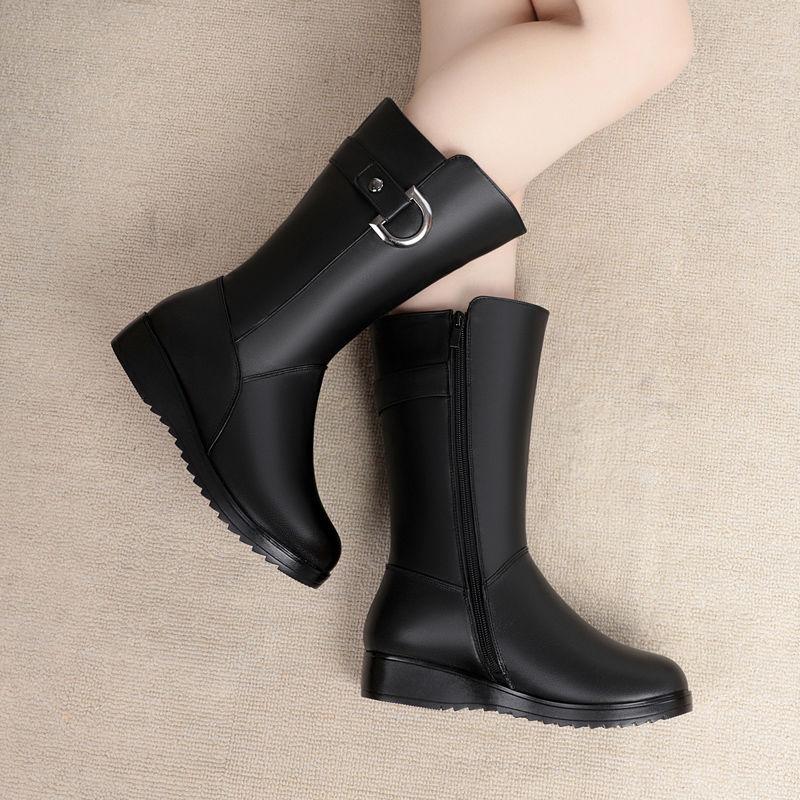 Mid Length Boots for Women's New Mother's Shoes, Cotton Shoes, Thick Heels, Middle-aged Women's Leather Boots, Women's Shoes