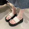 Thick-bottomed Muffin Slippers for Women's Summer Wear, New Rhinestone One-word Beach Cool Slippers, Zipo Heel Slippers