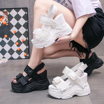 Модные летние новые босоножки на высоком каблуке, толстая подошва, однотонные босоножки с открытым носком, туфли на танкетке и платформе, женские туфли, размер 34-39