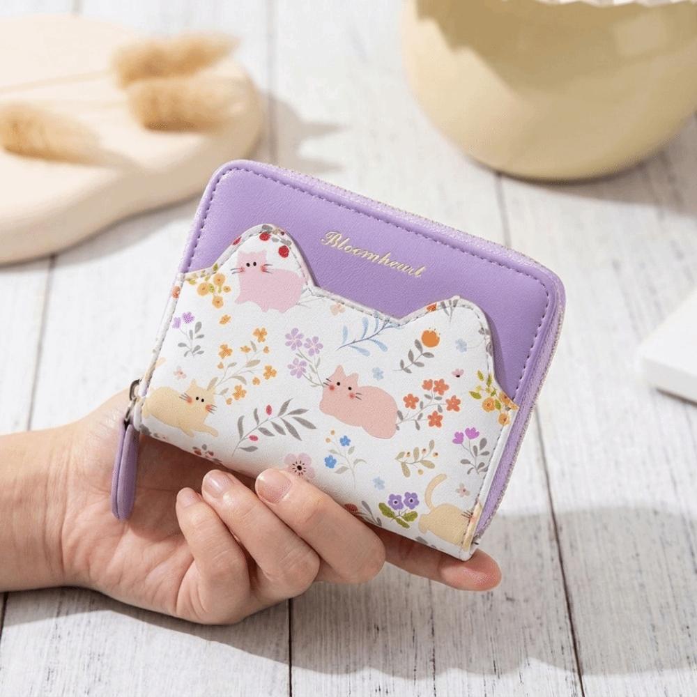 PU Leather Cat Floral Print Wallet Cartoon Coin Purse Cute Style Short Wallet Daily Use