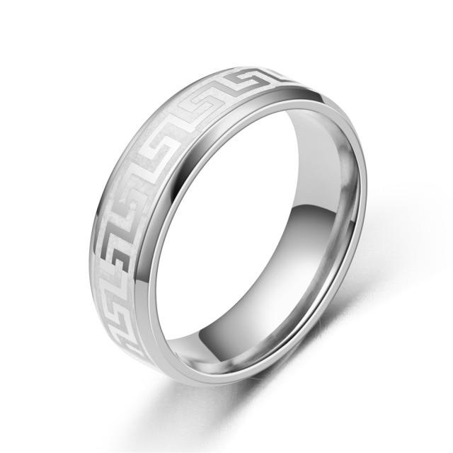 6mm Vintage Laser Great Wall Pattern Stainless Steel Rings for Men Womem Titanium Steel Couple Ring Wedding Jewelry Party Gift