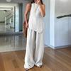 Women's Irregular Hem 2 Piece Outfit Sleeveless Crew Neck Top Wide Leg Pants Lounge Set Summer Casual Tracksuit